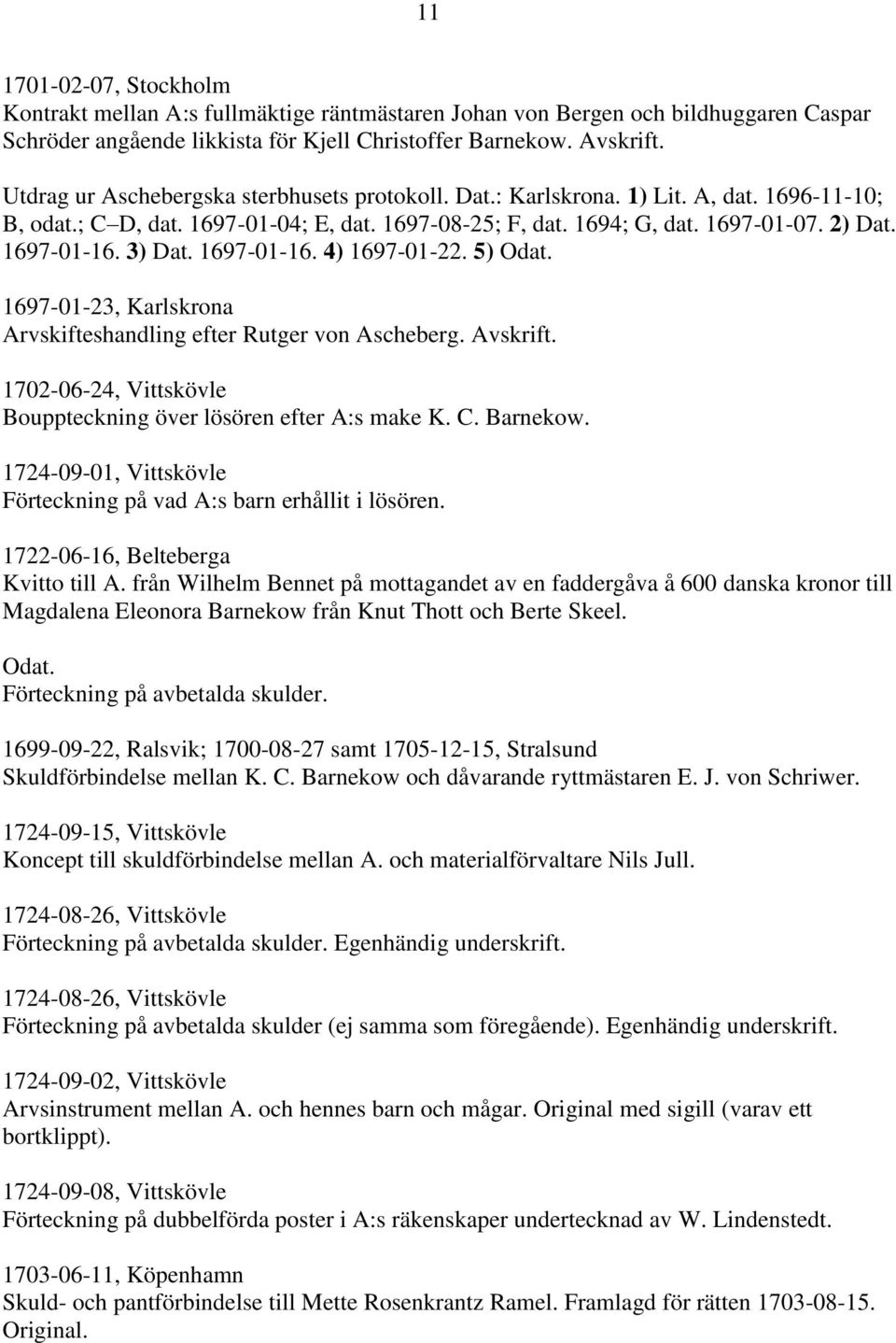 3) Dat. 1697-01-16. 4) 1697-01-22. 5) Odat. 1697-01-23, Karlskrona Arvskifteshandling efter Rutger von Ascheberg. Avskrift. 1702-06-24, Vittskövle Bouppteckning över lösören efter A:s make K. C.
