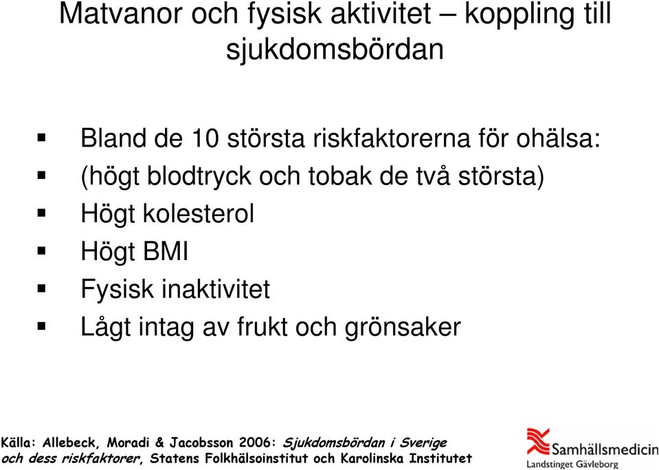 BMI Fysisk inaktivitet Lågt intag av frukt och grönsaker Källa: Allebeck, Moradi &