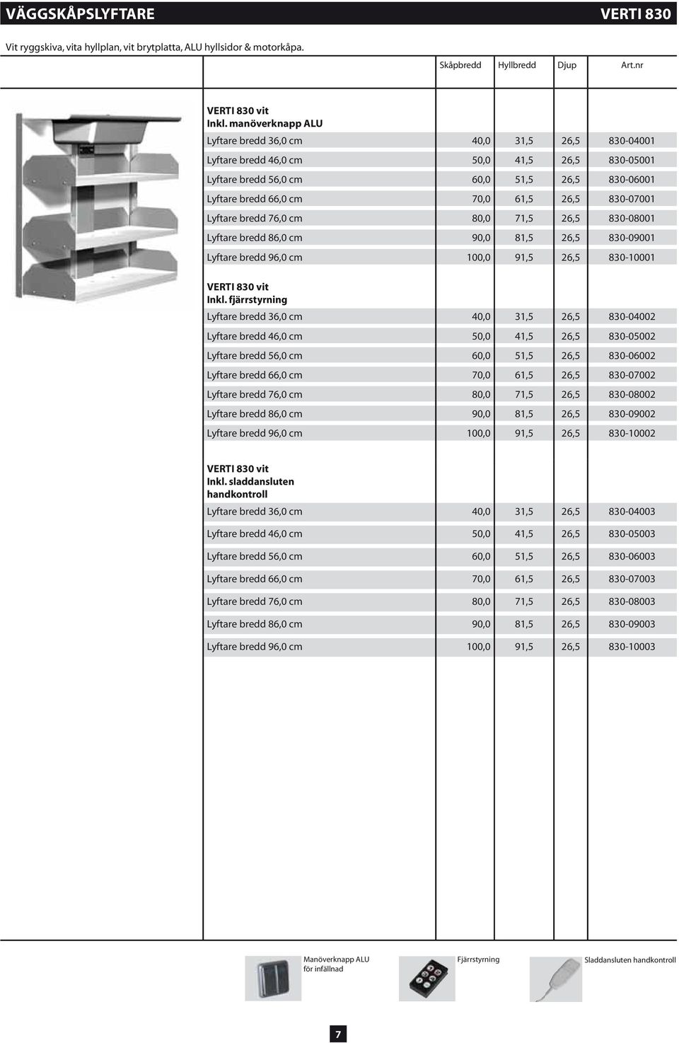 830-07001 Lyftare bredd 76,0 cm 80,0 71,5 26,5 830-08001 Lyftare bredd 86,0 cm 90,0 81,5 26,5 830-09001 Lyftare bredd 96,0 cm 100,0 91,5 26,5 830-10001 VERTI 830 vit Inkl.