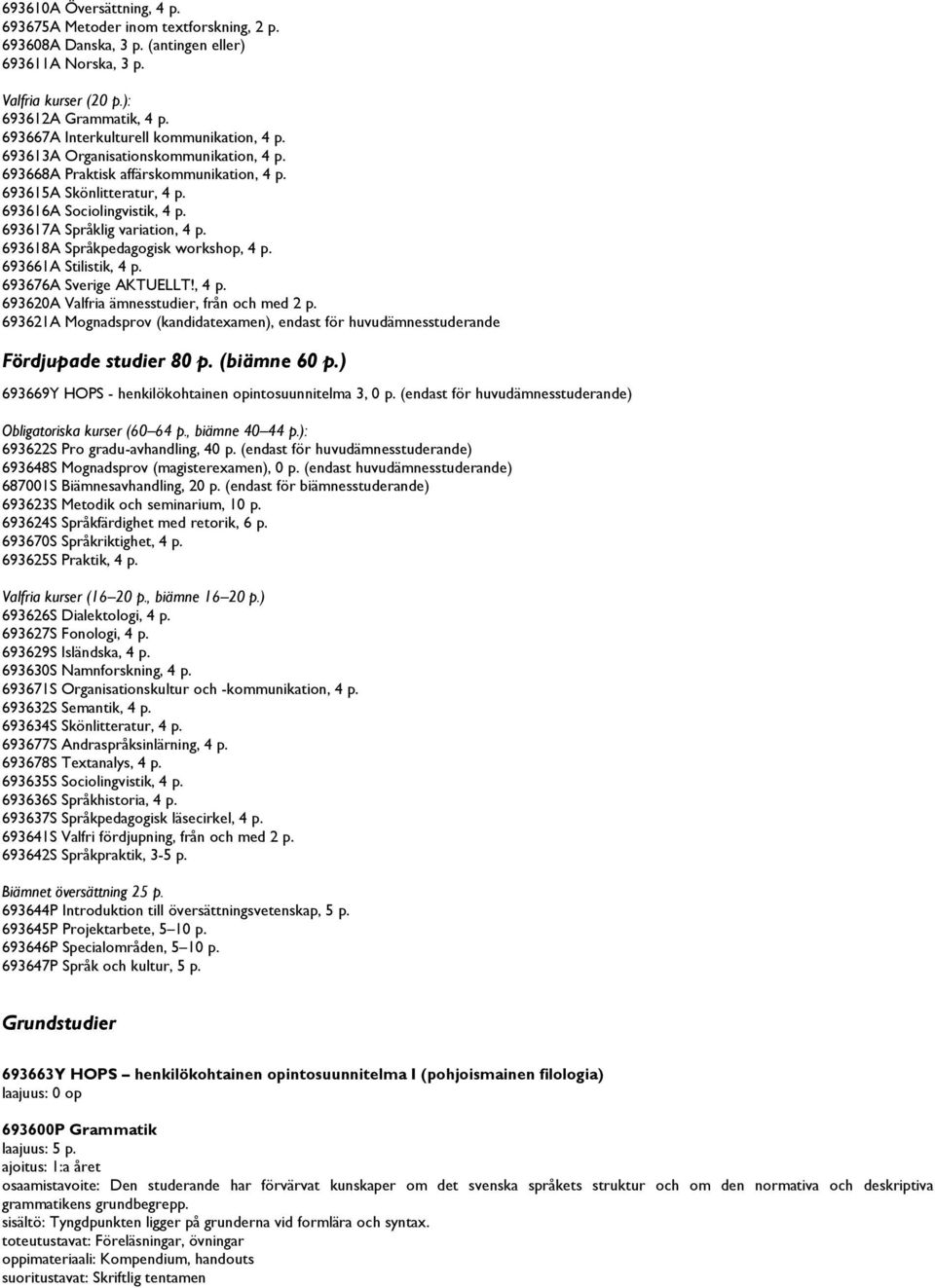 693617A Språklig variation, 4 p. 693618A Språkpedagogisk workshop, 4 p. 693661A Stilistik, 4 p. 693676A Sverige AKTUELLT!, 4 p. 693620A Valfria ämnesstudier, från och med 2 p.