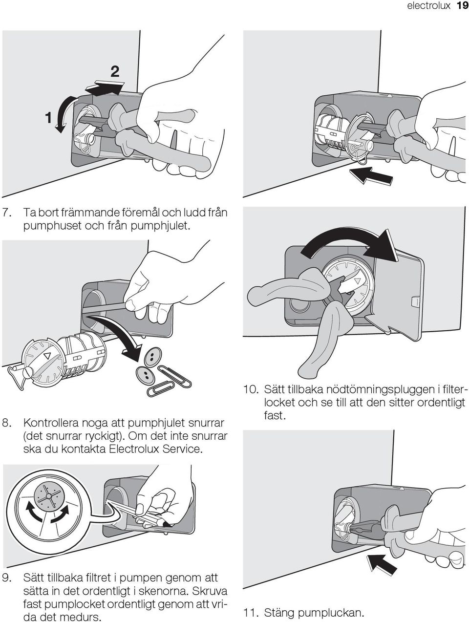 10. Sätt tillbaka nödtömningspluggen i filterlocket och se till att den sitter ordentligt fast. 9.