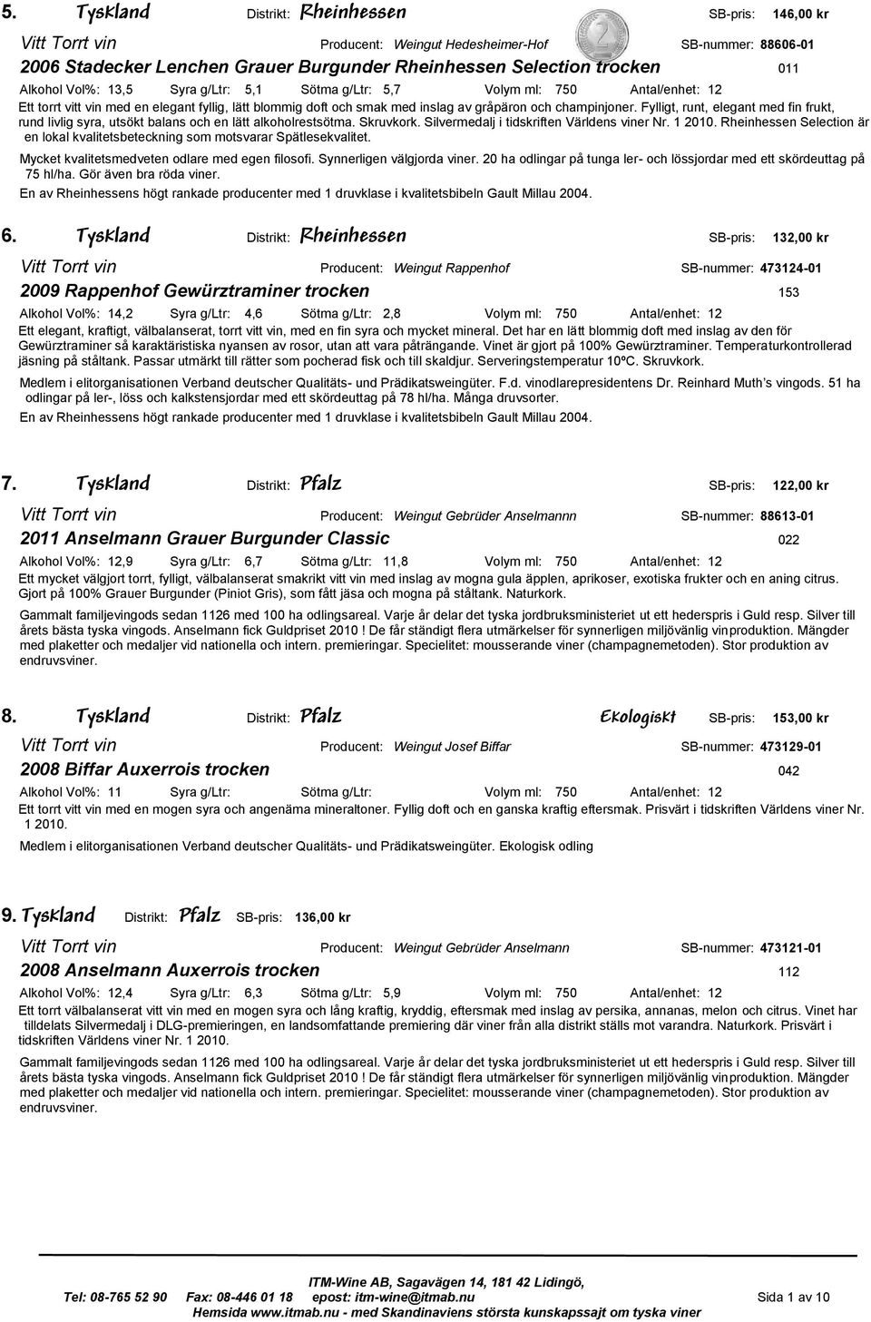 Fylligt, runt, elegant med fin frukt, rund livlig syra, utsökt balans och en lätt alkoholrestsötma. Skruvkork. Silvermedalj i tidskriften Världens viner Nr. 1 2010.