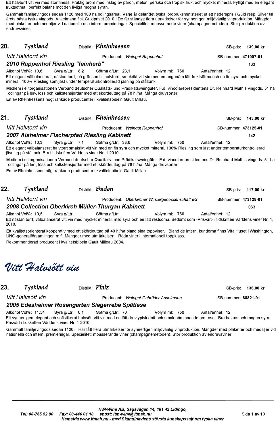 Tyskland Distrikt: Rheinhessen SB-pris: 139,00 kr Vitt Halvtorrt vin Producent: Weingut Rappenhof SB-nummer: 471007-01 2010 Rappenhof Riesling "feinherb" 133 Alkohol Vol%: 10,6 Syra g/ltr: 8,2 Sötma