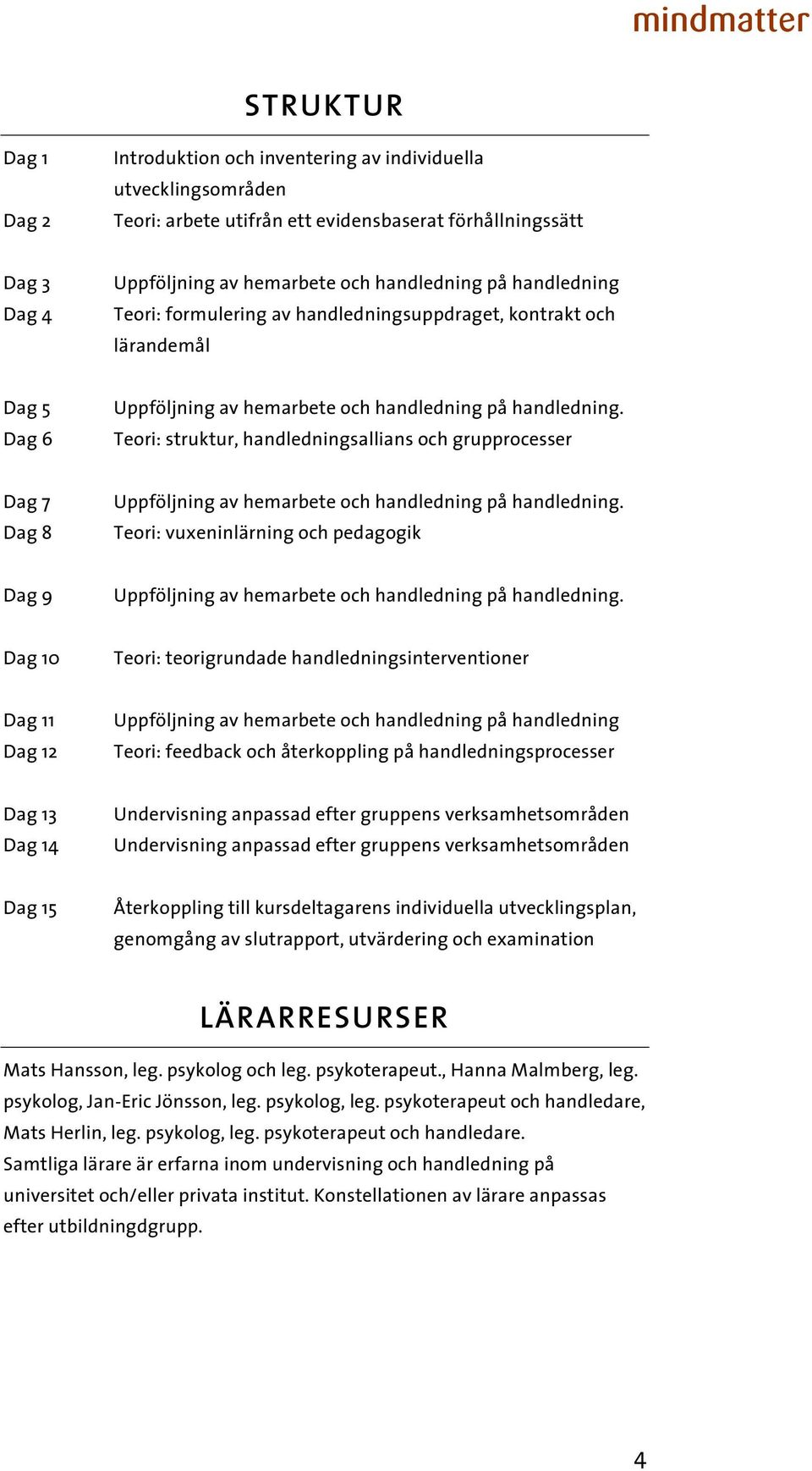 Teori: struktur, handledningsallians och grupprocesser Dag 7 Dag 8 Uppföljning av hemarbete och handledning på handledning.