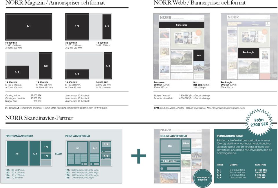 A: 210 x 95 mm 14 500 SEK S: 59 x 258 mm U: 73 x 280 mm Panorama 550 SEK (CPM) 1068 x 120 px Box 225 SEK (CPM) 258 x 258 px Rectangle 395 SEK (CPM) 528 x 264 px Omslag insida Omslagets baksida
