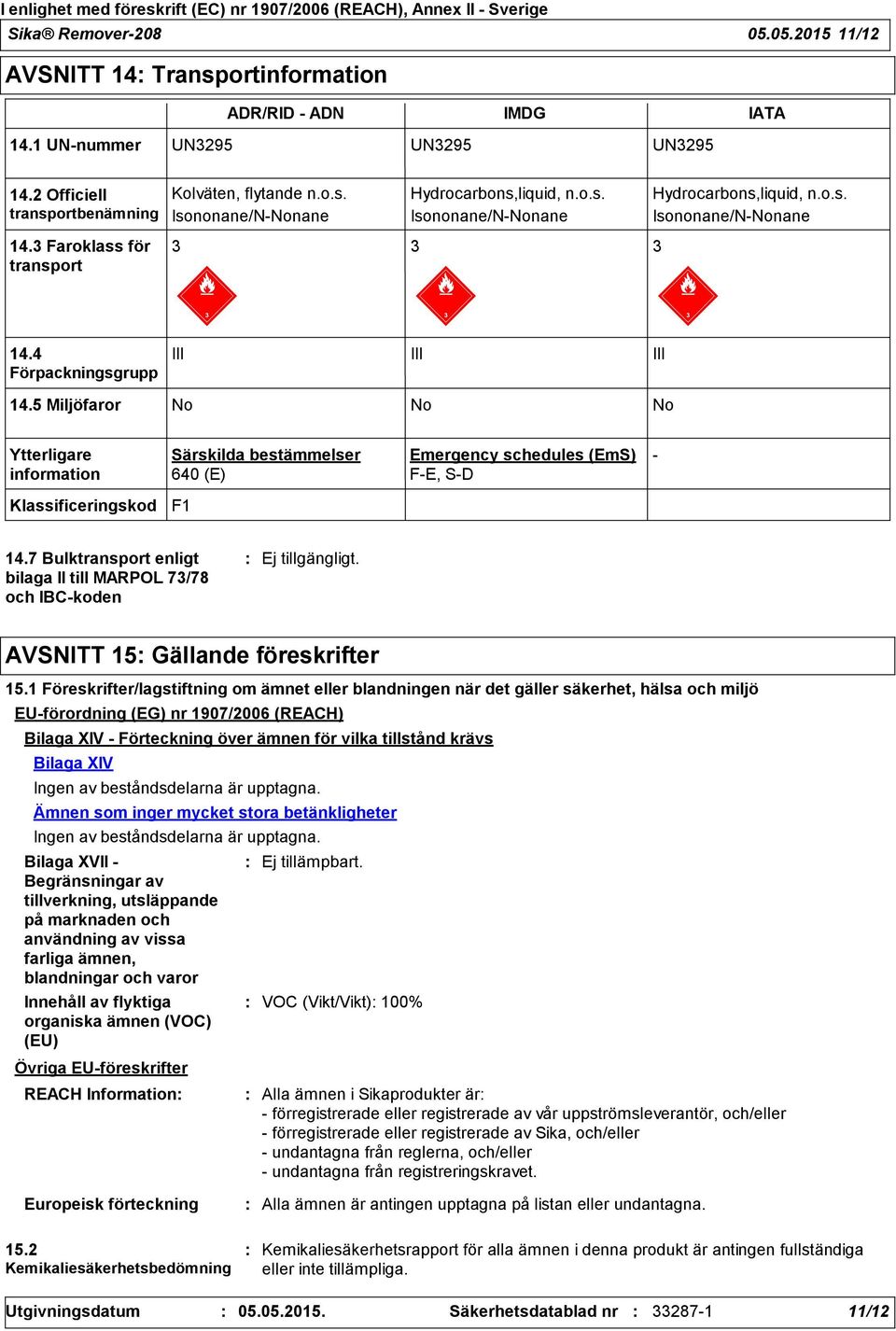 4 Förpackningsgrupp III III III 14.5 Miljöfaror No No No Ytterligare information Särskilda bestämmelser 640 (E) Emergency schedules (EmS) F-E, S-D - Klassificeringskod F1 14.