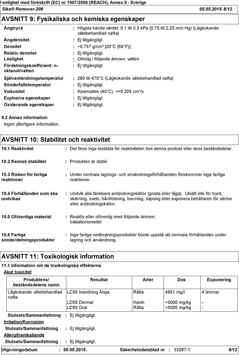 Sönderfallstemperatur Högsta kända värdet 0.1 till 0.3 kpa (0.75 till 2.