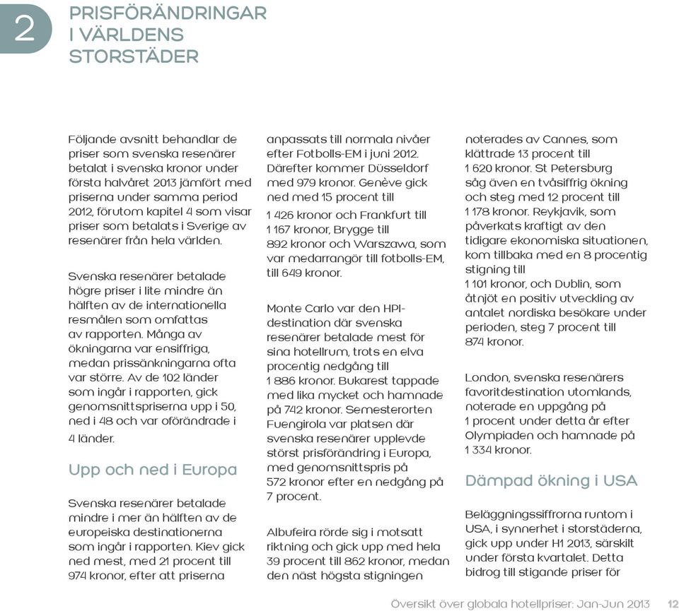 Svenska resenärer betalade högre priser i lite mindre än hälften av de internationella resmålen som omfattas av rapporten. Många av ökningarna var ensiffriga, medan prissänkningarna ofta var större.
