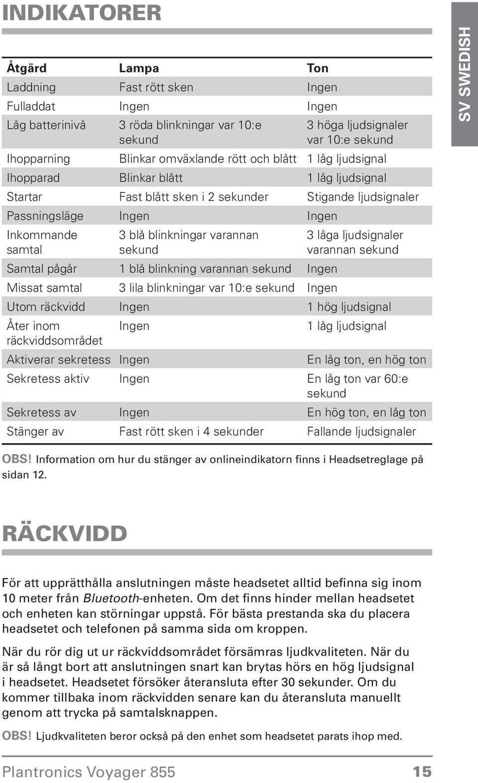 varannan sekund Samtal pågår 1 blå blinkning varannan sekund Ingen Missat samtal 3 lila blinkningar var 10:e sekund Ingen 3 låga ljudsignaler varannan sekund Utom räckvidd Ingen 1 hög ljudsignal Åter