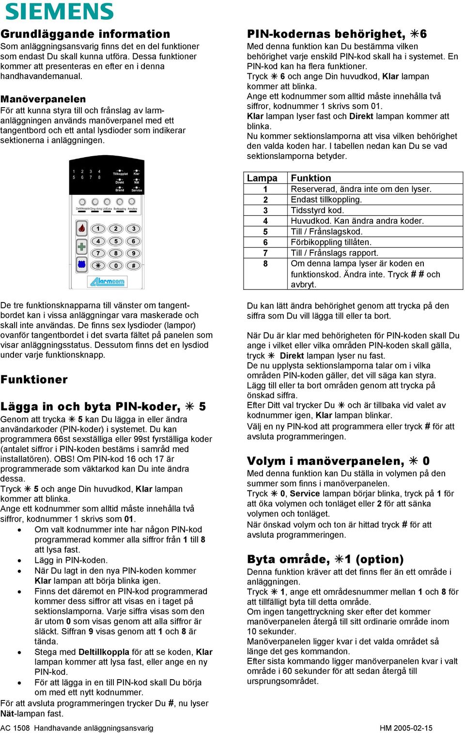 PIN-kodernas behörighet, 6 Med denna funktion kan Du bestämma vilken behörighet varje enskild PIN-kod skall ha i systemet. En PIN-kod kan ha flera funktioner.