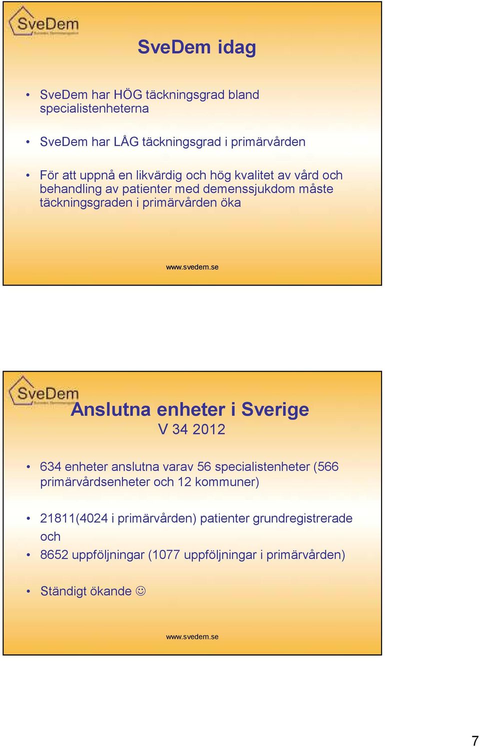 Anslutna enheter i Sverige V 34 2012 634 enheter anslutna varav 56 specialistenheter (566 primärvårdsenheter och 12 kommuner)