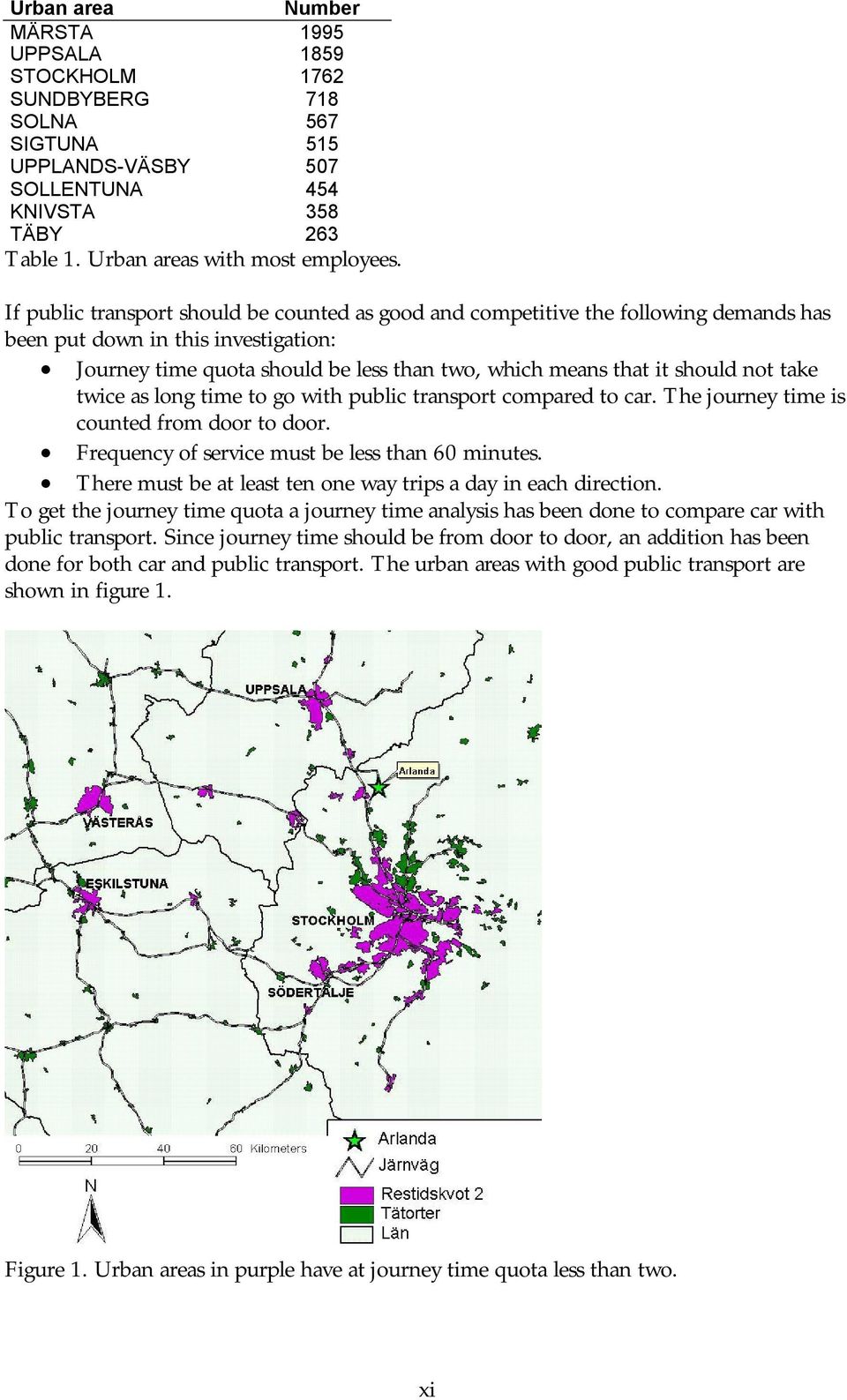 take twice as long time to go with public transport compared to car. The journey time is counted from door to door. Frequency of service must be less than 60 minutes.