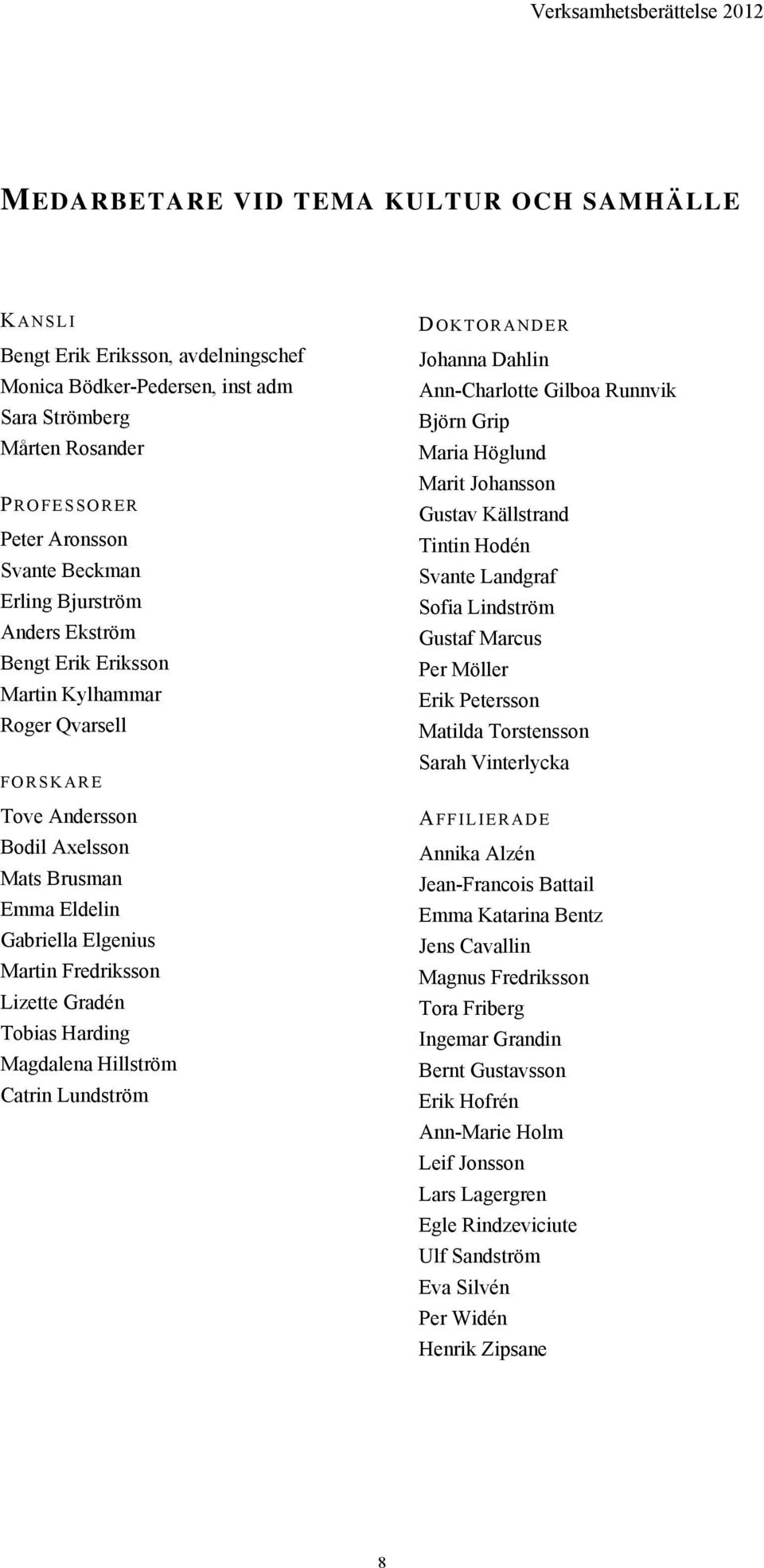 Tobias Harding Magdalena Hillström Catrin Lundström D OKTORANDER Johanna Dahlin Ann-Charlotte Gilboa Runnvik Björn Grip Maria Höglund Marit Johansson Gustav Källstrand Tintin Hodén Svante Landgraf
