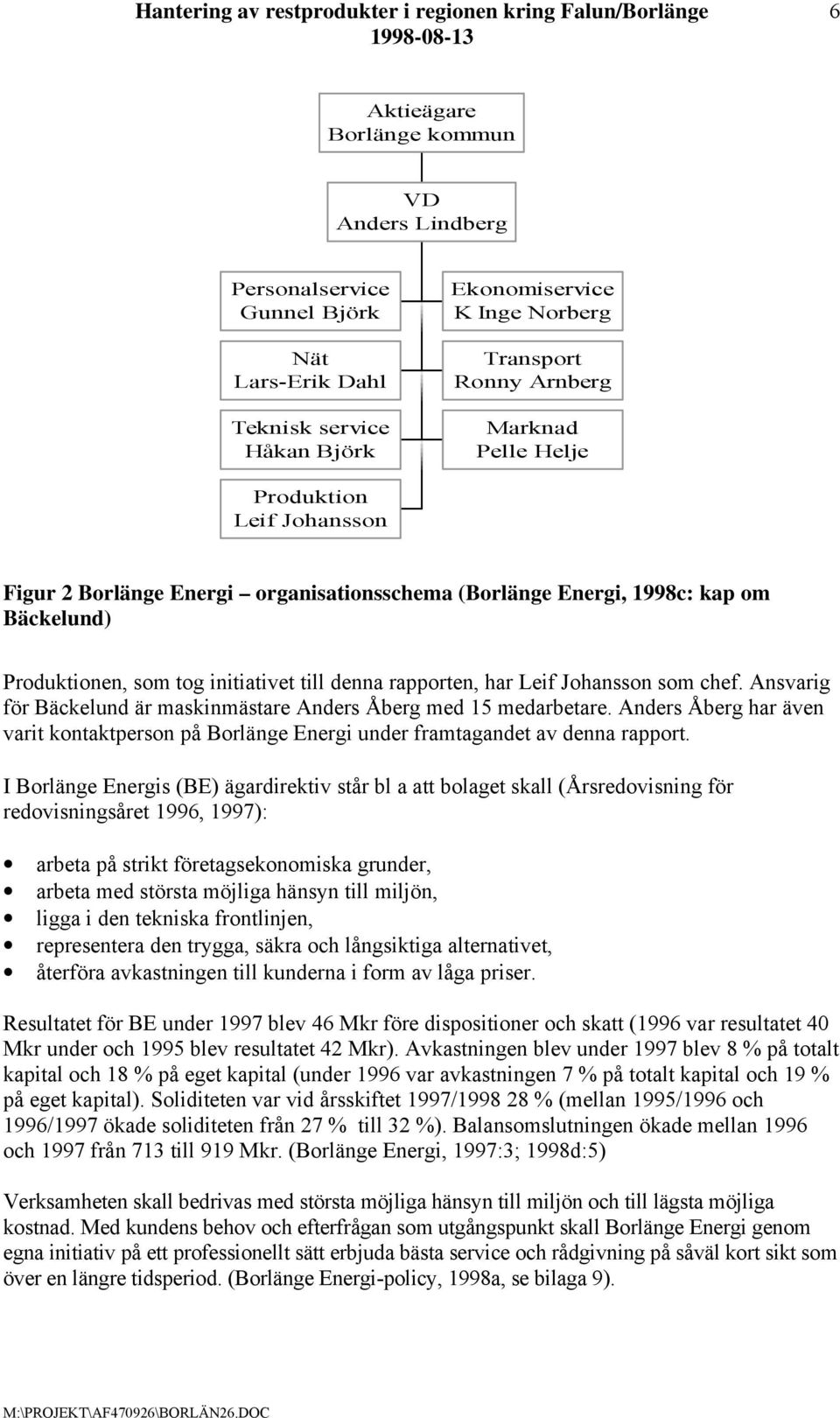 Ansvarig för Bäckelund är maskinmästare Anders Åberg med 15 medarbetare. Anders Åberg har även varit kontaktperson på Borlänge Energi under framtagandet av denna rapport.