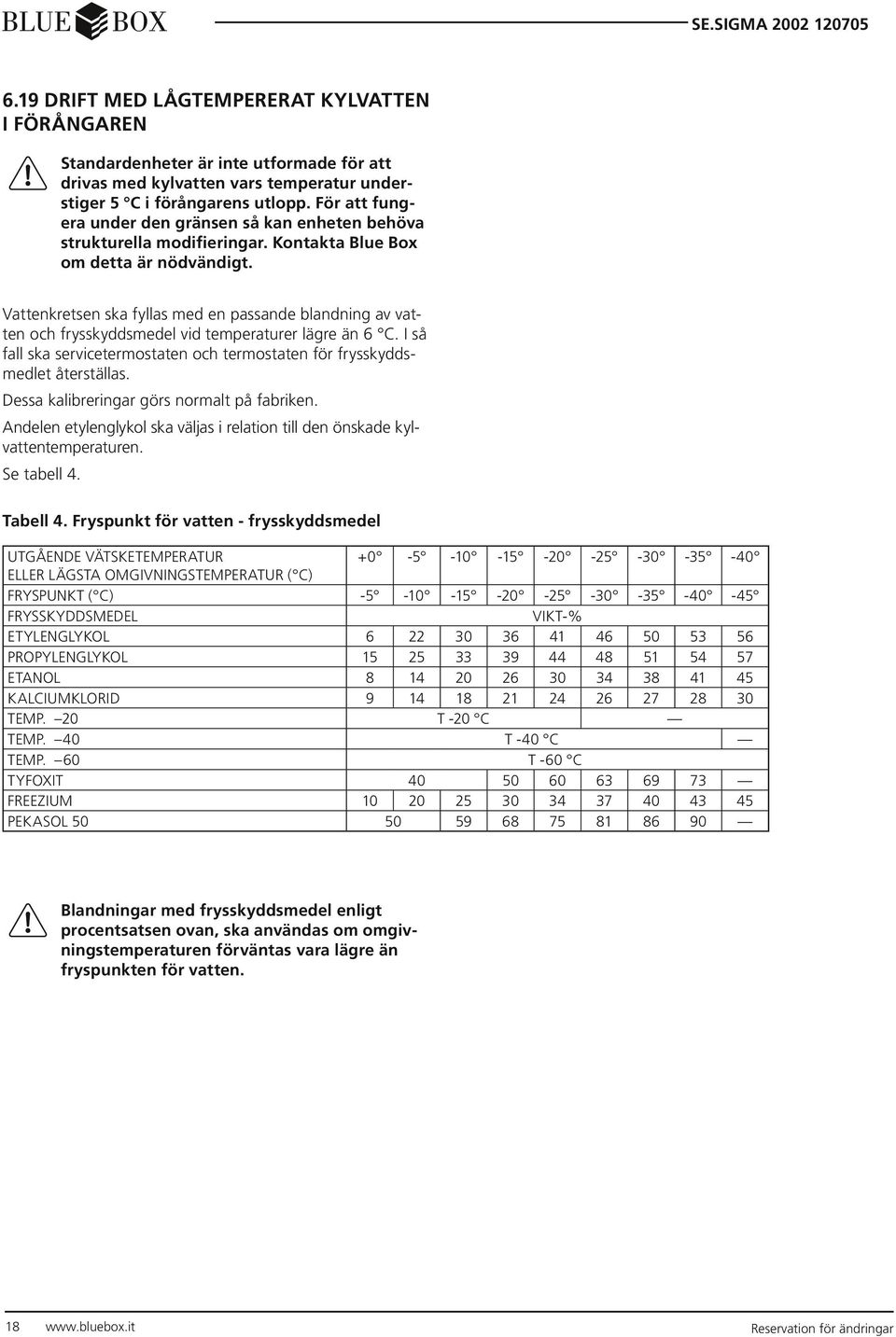 Vattenkretsen ska fyllas med en passande blandning av vatten och frysskyddsmedel vid temperaturer lägre än 6 C. I så fall ska servicetermostaten och termostaten för frysskyddsmedlet återställas.