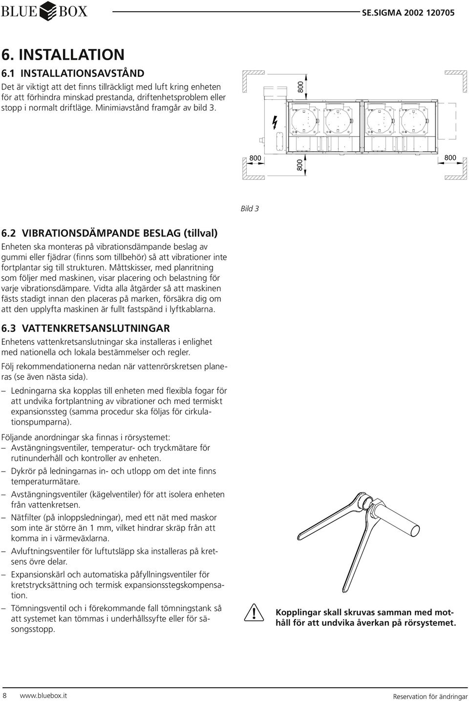 2 VIBRATIONSDÄMPANDE BESLAG (tillval) Enheten ska monteras på vibrationsdämpande beslag av gummi eller fjädrar (finns som tillbehör) så att vibrationer inte fortplantar sig till strukturen.