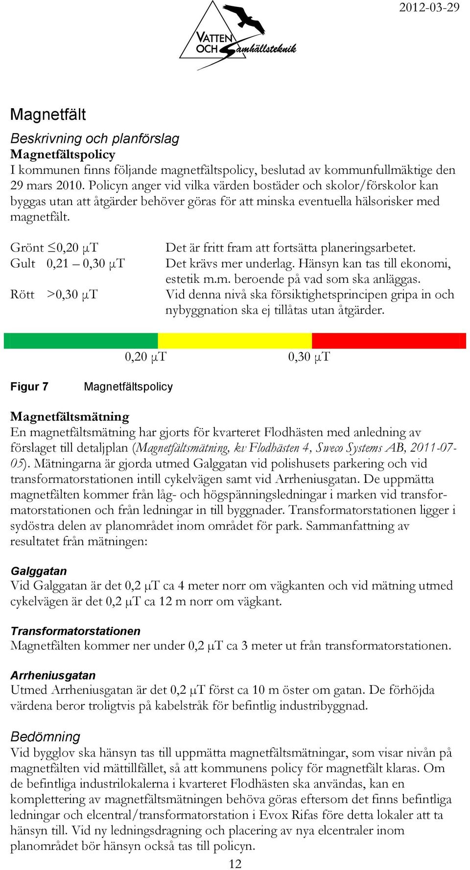 Grönt 0,20 μt Gult 0,21 0,30 μt Rött >0,30 μt Det är fritt fram att fortsätta planeringsarbetet. Det krävs mer underlag. Hänsyn kan tas till ekonomi, estetik m.m. beroende på vad som ska anläggas.