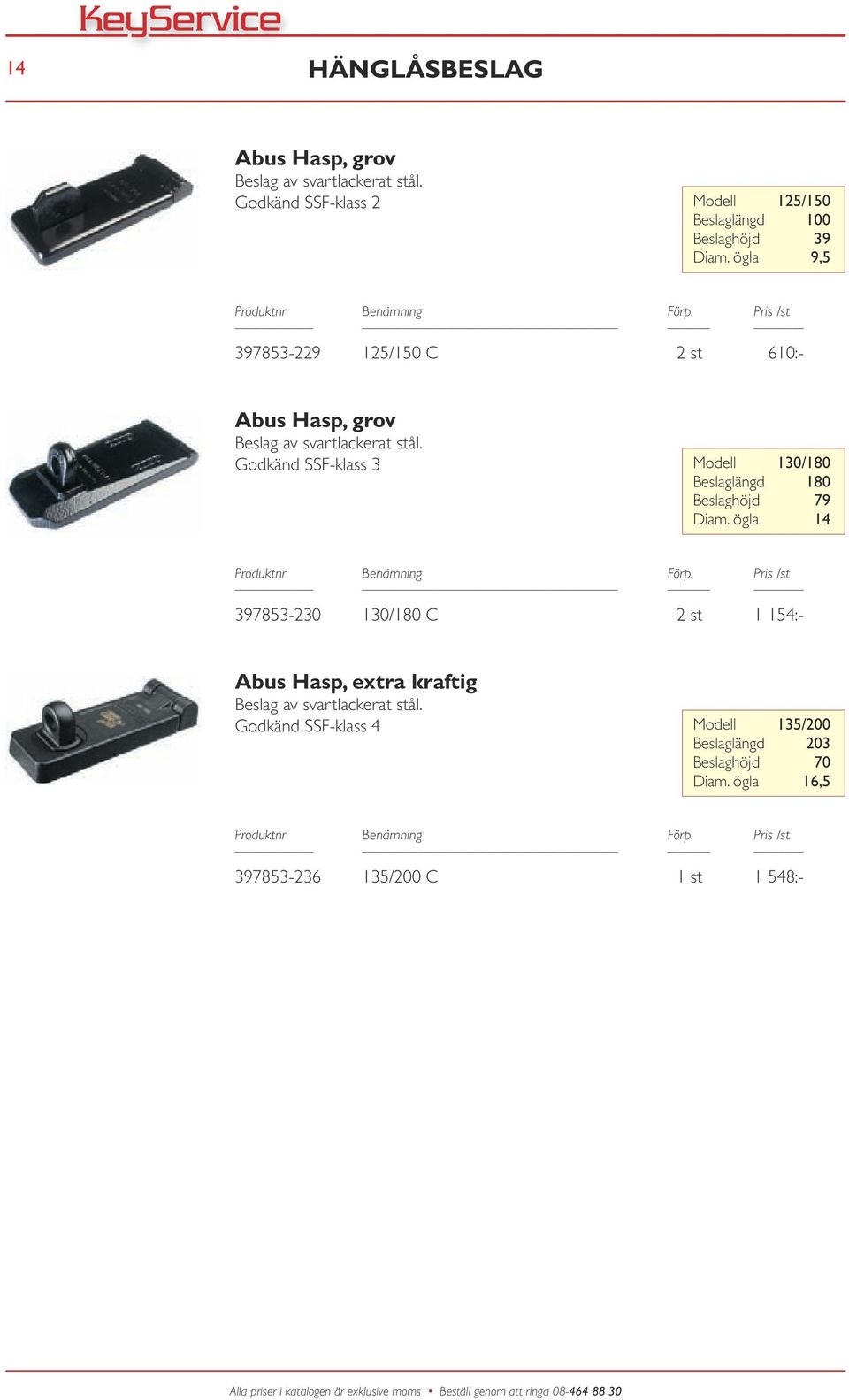 ögla 9,5 397853-229 125/150 C 2 st 610:- Abus Hasp, grov Beslag av svartlackerat stål.