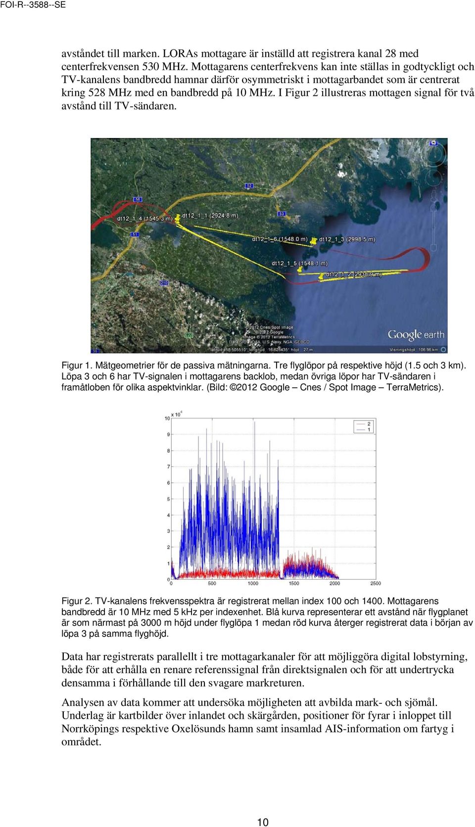 I Figur 2 illustreras mottagen signal för två avstånd till TV-sändaren. Figur 1. Mätgeometrier för de passiva mätningarna. Tre flyglöpor på respektive höjd (1.5 och 3 km).