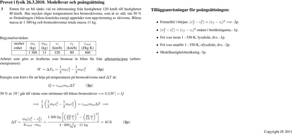 Bilens massa är 1 300 kg och bromsskivornas totala massa 11 kg. Formelfel i början: (v 2 f v2 i ) = (v f v i ) 2 = -2p. (v 2 f v2 i ) = (v f v i ) 2 endast i beräkningarna, -1p.