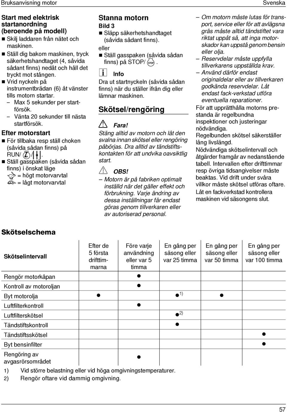 Max 5 sekunder per startförsök. Vänta 20 sekunder till nästa startförsök. Efter motorstart För tillbaka resp ställ choken (såvida sådan finns) på RUN/ /.