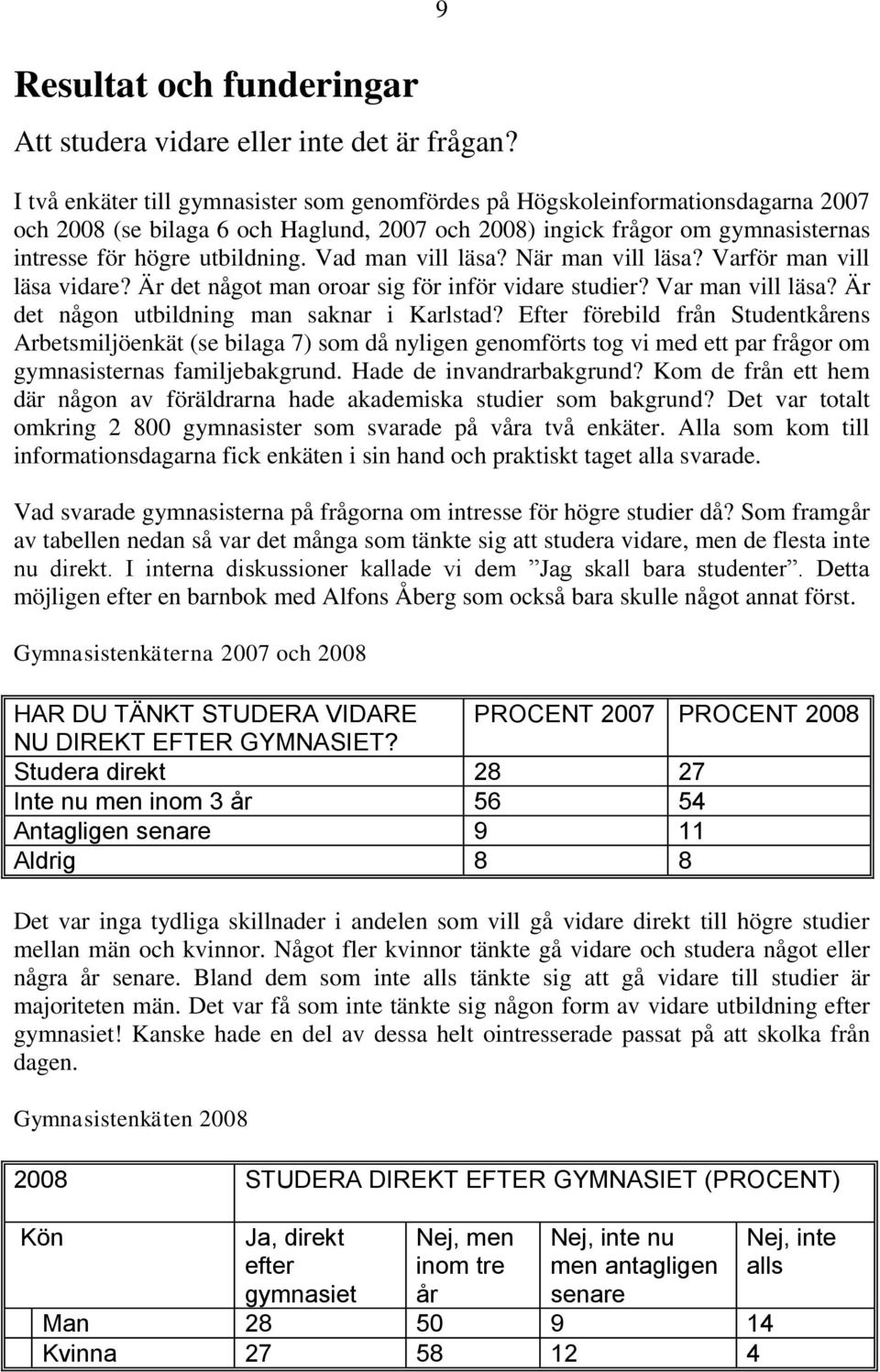 Vad man vill läsa? När man vill läsa? Varför man vill läsa vidare? Är det något man oroar sig för inför vidare studier? Var man vill läsa? Är det någon utbildning man saknar i Karlstad?