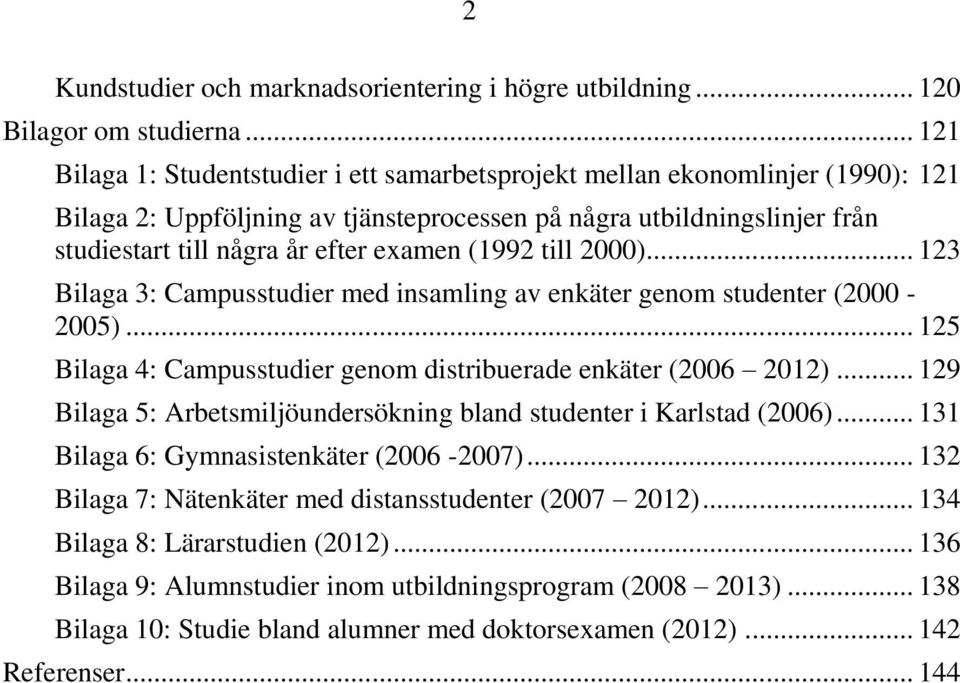 (1992 till 2000)... 123 Bilaga 3: Campusstudier med insamling av enkäter genom studenter (2000-2005)... 125 Bilaga 4: Campusstudier genom distribuerade enkäter (2006 2012).