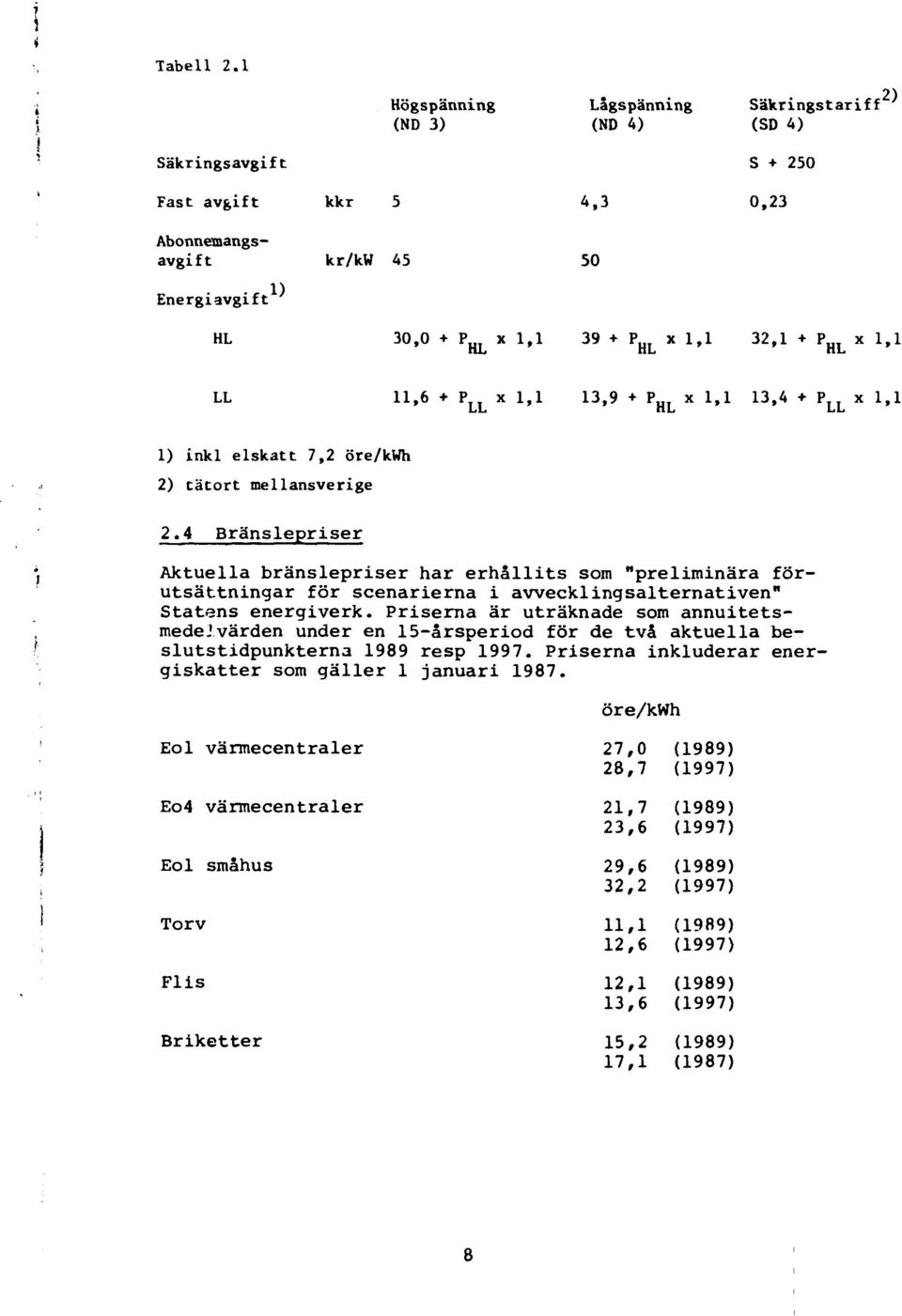 LL x, 3,9 + P HL x, 3,4 + P LL x, ) inkl elskatt 7,2 öre/kwh 2) tätort mellansverige 2»4 Bränslepriser Aktuella bränslepriser har erhållits som "preliminära förutsättningar för scenarierna i