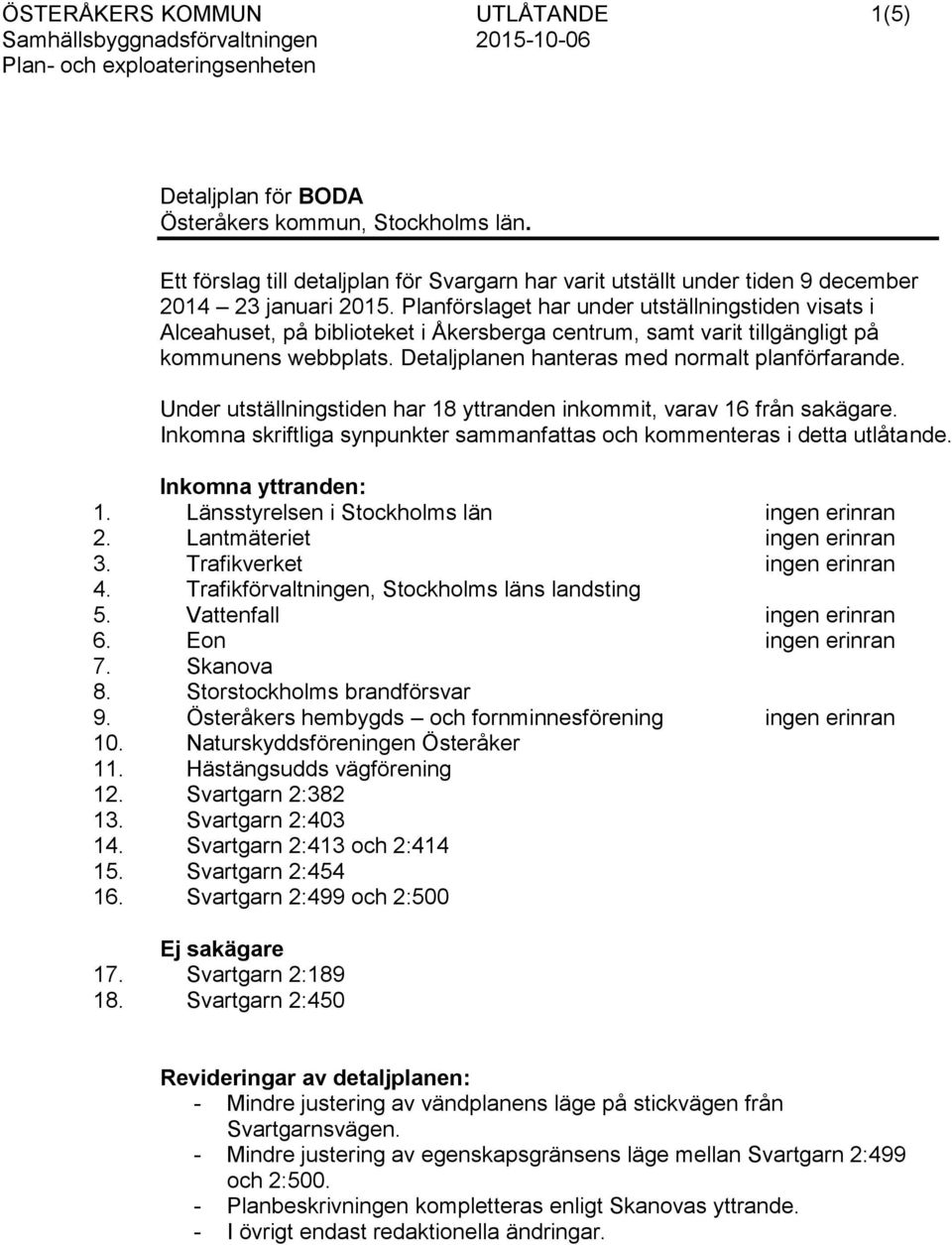 Under utställningstiden har 18 yttranden inkommit, varav 16 från sakägare. Inkomna skriftliga synpunkter sammanfattas och kommenteras i detta utlåtande. Inkomna yttranden: 1.