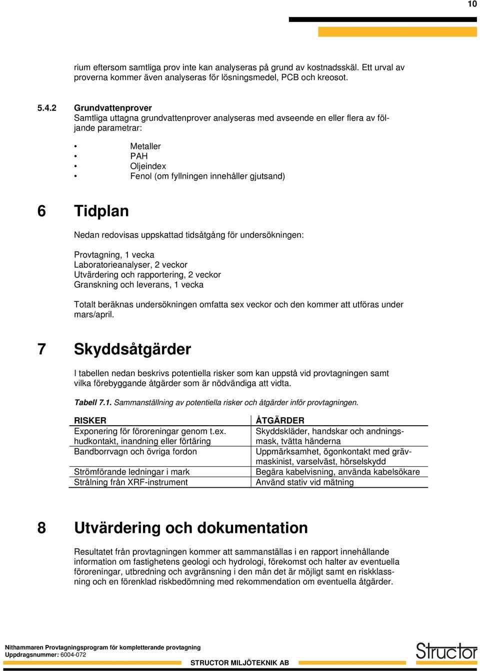 redovisas uppskattad tidsåtgång för undersökningen: Provtagning, 1 vecka Laboratorieanalyser, 2 veckor Utvärdering och rapportering, 2 veckor Granskning och leverans, 1 vecka Totalt beräknas