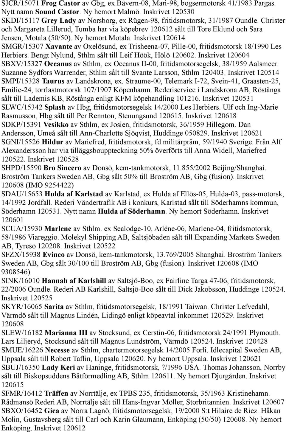 Christer och Margareta Lillerud, Tumba har via köpebrev 120612 sålt till Tore Eklund och Sara Jensen, Motala (50/50). Ny hemort Motala.