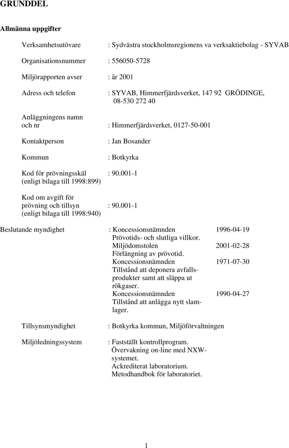 1-1 (enligt bilaga till 1998:899) Kod om avgift för prövning och tillsyn : 9.1-1 (enligt bilaga till 1998:94) Beslutande myndighet : Koncessionsnämnden 1996-4-19 Prövotids- och slutliga villkor.