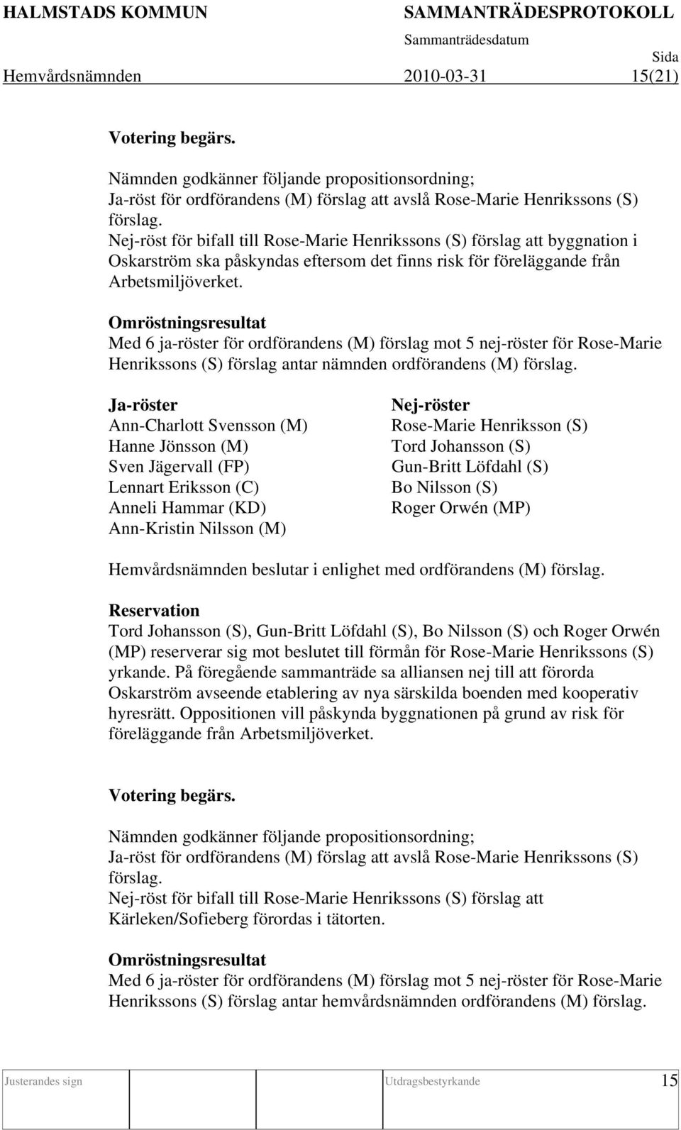 Omröstningsresultat Med 6 ja-röster för ordförandens (M) förslag mot 5 nej-röster för Rose-Marie Henrikssons (S) förslag antar nämnden ordförandens (M) förslag.