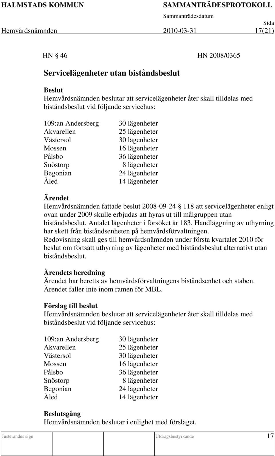 Hemvårdsnämnden fattade beslut 2008-09-24 118 att servicelägenheter enligt ovan under 2009 skulle erbjudas att hyras ut till målgruppen utan biståndsbeslut. Antalet lägenheter i försöket är 183.