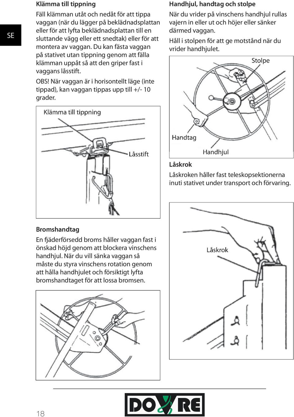 När vaggan är i horisontellt läge (inte tippad), kan vaggan tippas upp till +/- 10 grader.