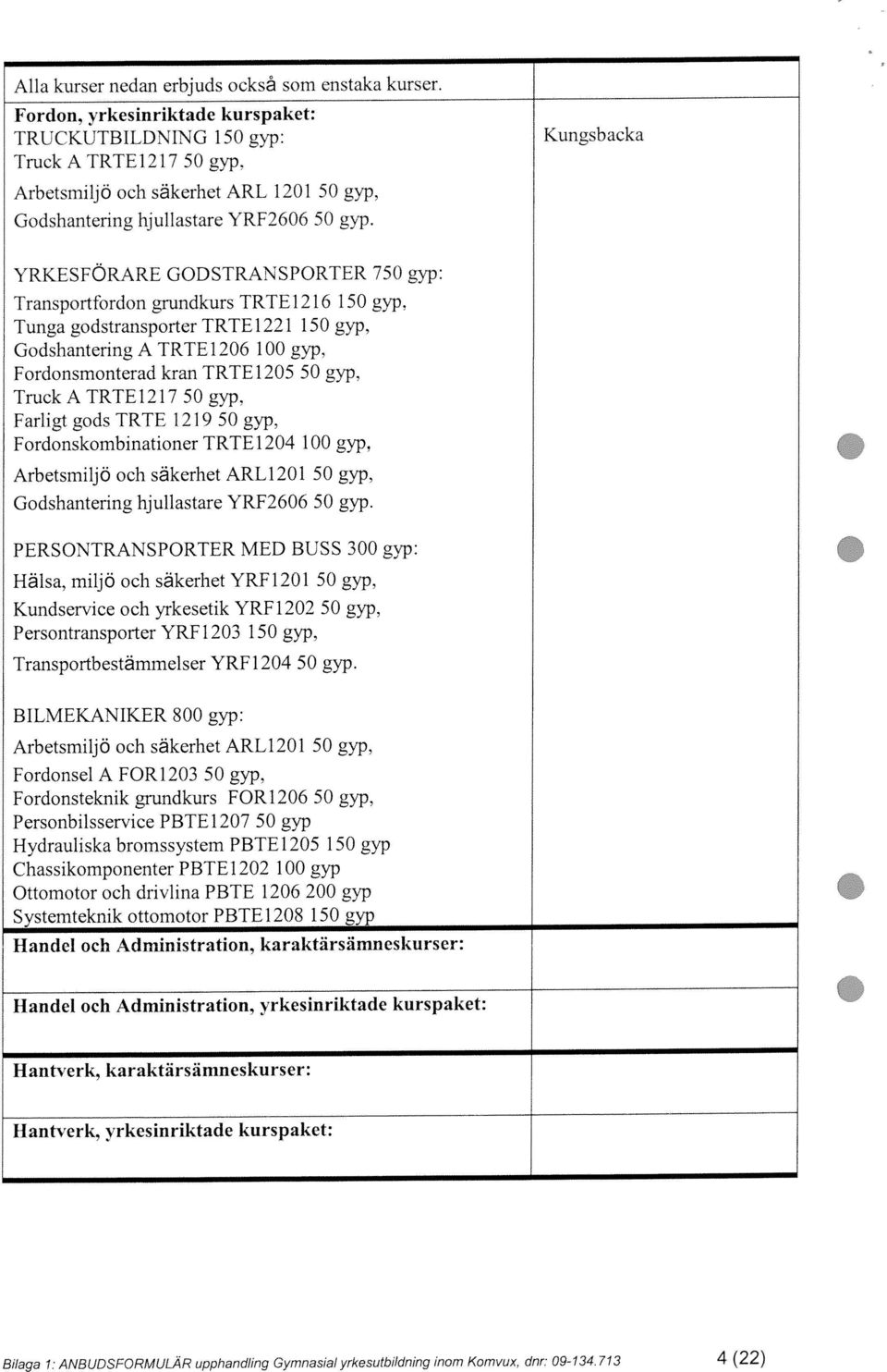 YRKESFÖRARE GODSTRANSPORTER 750 gyp: Transportfordon grundkurs TRTE1216 150 gyp, Kundservice och yrkesetik YRF 1202 50 gyp, Persontransporter YRF 1203 150 gyp.