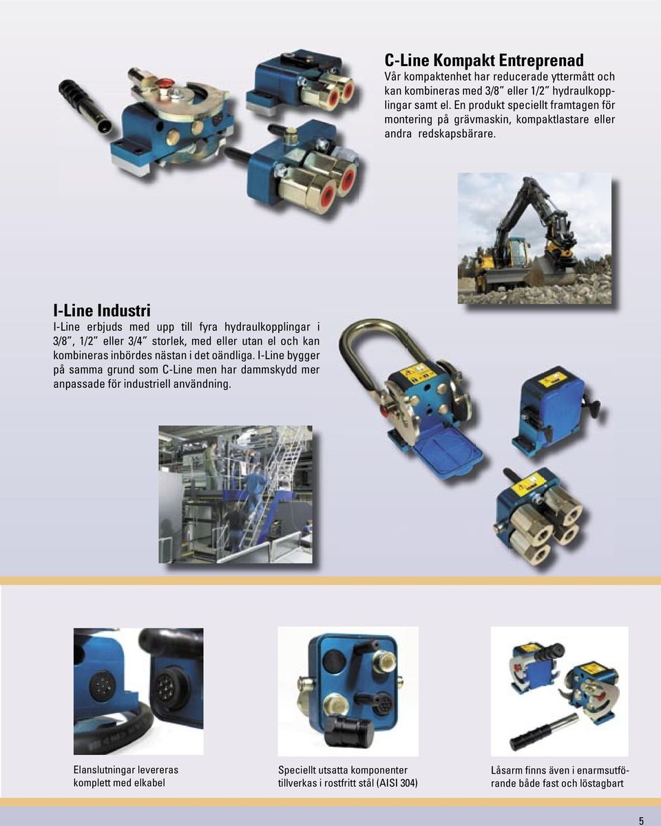 I-Line Industri I-Line erbjuds med upp till fyra hydraulkopplingar i 3/8, / eller 3/ storlek, med eller utan el och kan kombineras inbördes nästan i det oändliga.