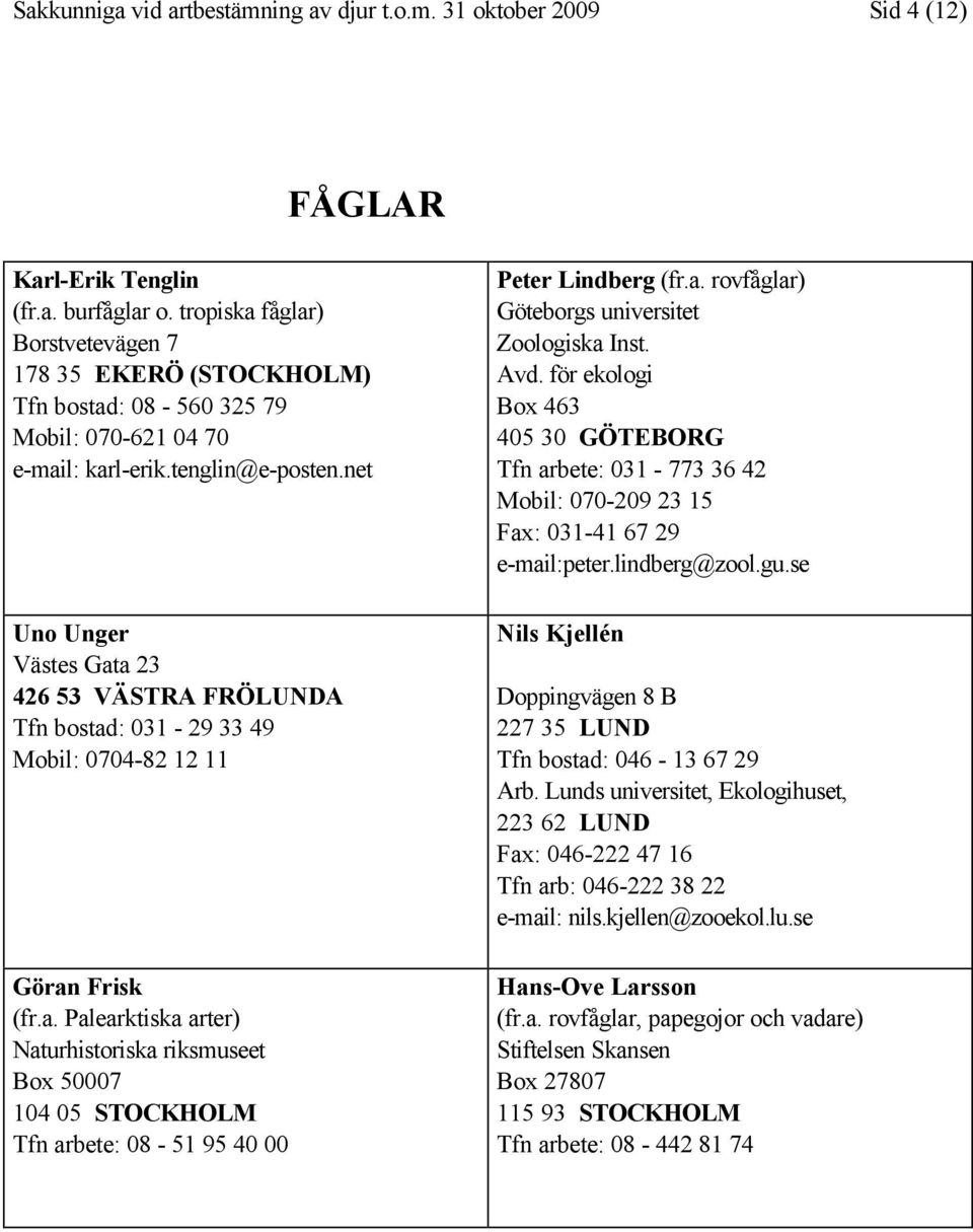 net Uno Unger Västes Gata 23 426 53 VÄSTRA FRÖLUNDA Tfn bostad: 031-29 33 49 Mobil: 0704-82 12 11 Göran Frisk (fr.a. Palearktiska arter) Naturhistoriska riksmuseet Tfn arbete: 08-51 95 40 00 Peter Lindberg (fr.