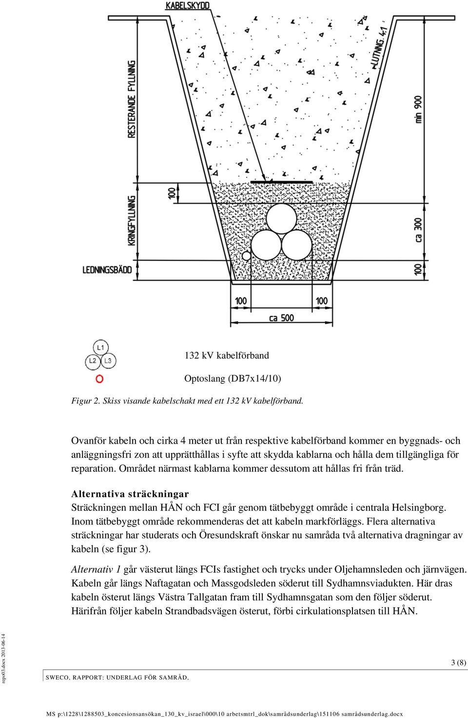 Området närmast kablarna kommer dessutom att hållas fri från träd. Alternativa sträckningar Sträckningen mellan HÅN och FCI går genom tätbebyggt område i centrala Helsingborg.