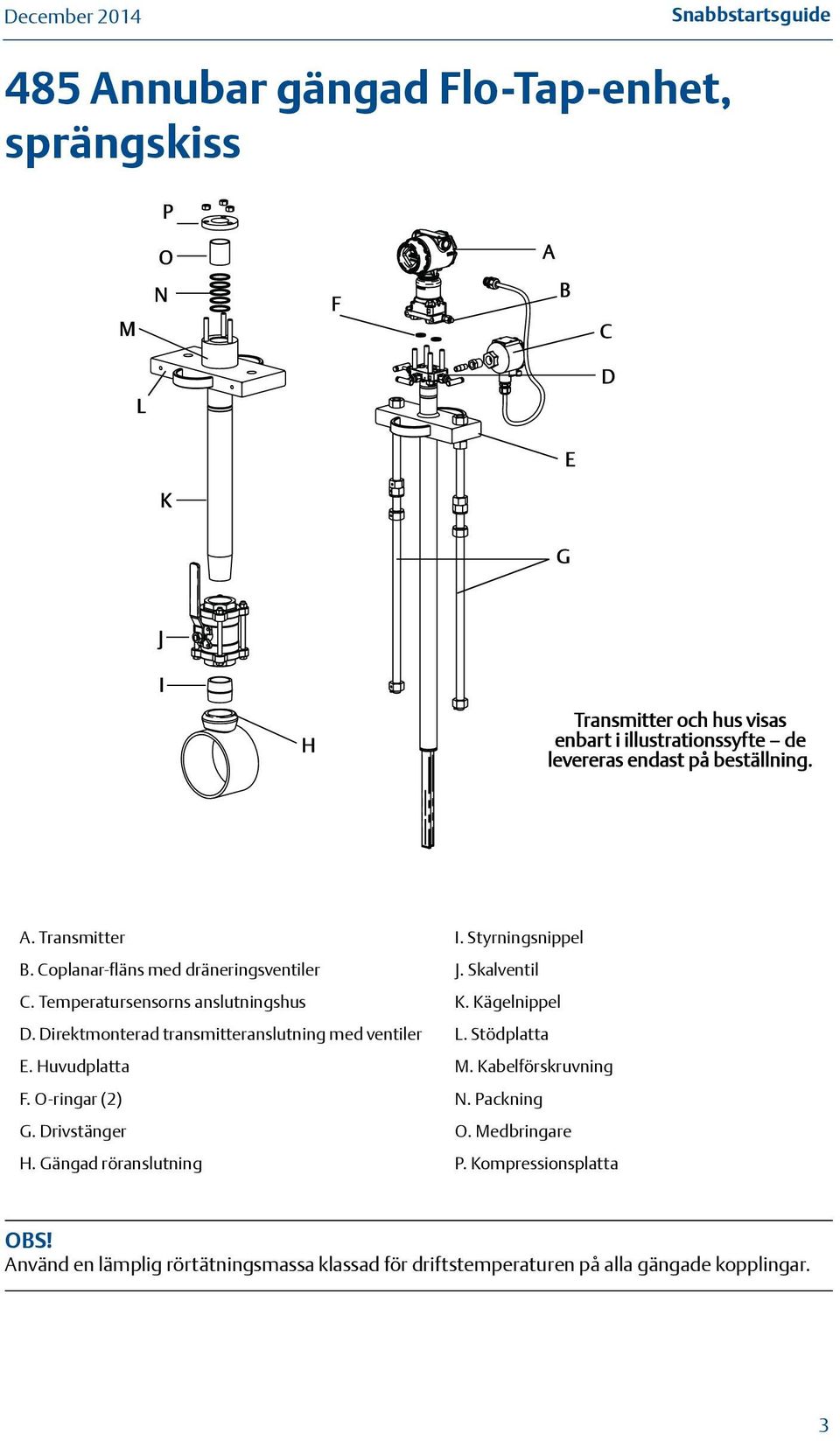 Kägelnippel D. Direktmonterad transmitteranslutning med ventiler L. Stödplatta E. Huvudplatta M. Kabelförskruvning F. O-ringar (2) N. Packning G.