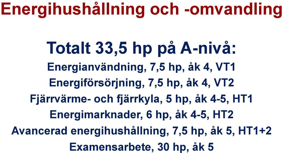 VT2 Fjärrvärme- och fjärrkyla, 5 hp, åk 4-5, HT1 Energimarknader, 6 hp,