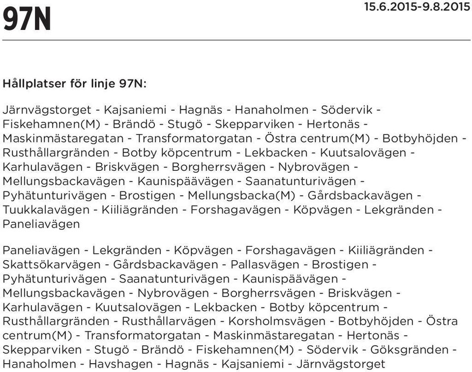 Saanatunturivägen - Pyhätunturivägen - Brostigen - Mellungsbacka(M) - Gårdsbackavägen - Tuukkalavägen - Kiiliägränden - Forshagavägen - Köpvägen - Lekgränden - Paneliavägen Paneliavägen - Lekgränden