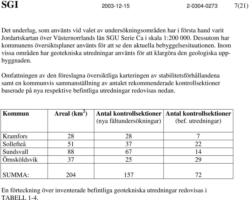 Omfattningen av den föreslagna översiktliga karteringen av stabilitetsförhållandena samt en kommunvis sammanställning av antalet rekommenderade kontrollsektioner baserade på nya respektive befintliga