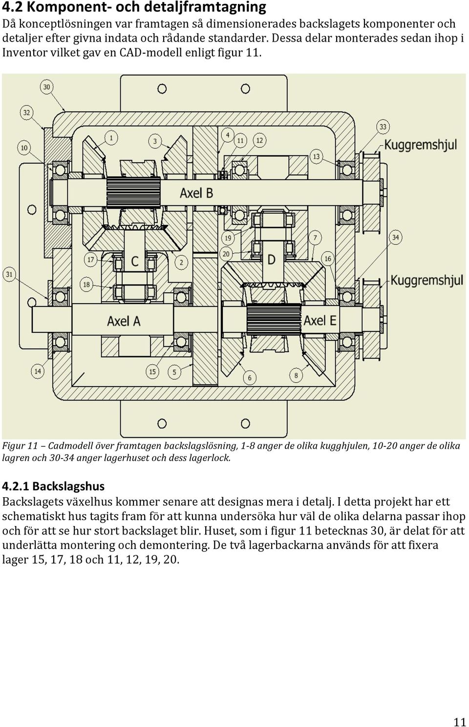 Figur 11 Cadmodell över framtagen backslagslösning, 1-8 anger de olika kugghjulen, 10-20 anger de olika lagren och 30-34 anger lagerhuset och dess lagerlock. 4.2.1 Backslagshus Backslagets växelhus kommer senare att designas mera i detalj.