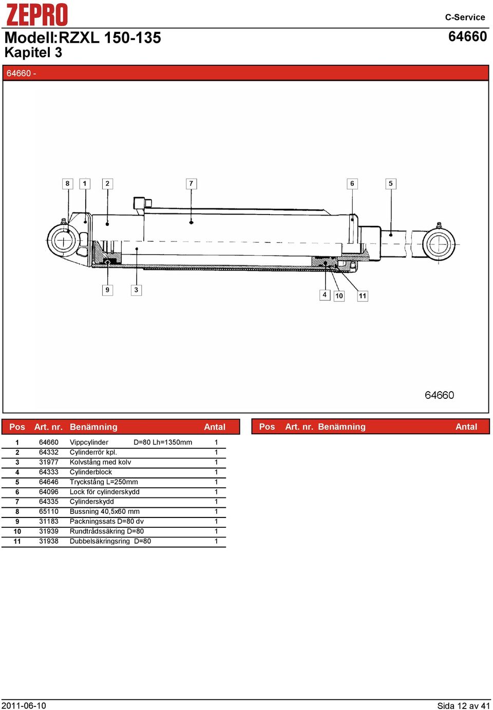 3 3977 Kolvstång med kolv 4 64333 Cylinderblock 5 64646 Tryckstång L=250mm 6 64096 Lock