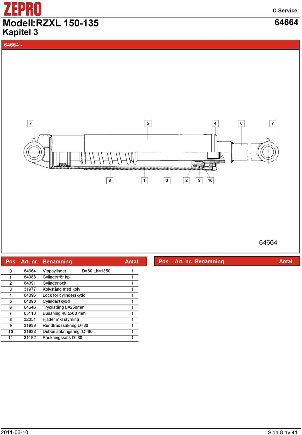 Cylinderskydd 6 64646 Tryckstång L=250mm 7 650 Bussning 40,5x60 mm 8 3205 Fjäder inkl styrning