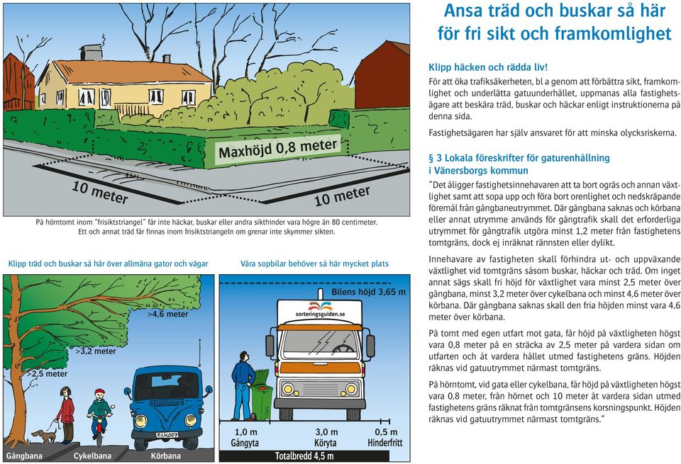 denna sida. Fastighetsägaren har själv ansvaret för att minska olycksriskerna. På hörntomt inom frisiktstriangel får inte häckar, buskar eller andra sikthinder vara högre än 80 centimeter.