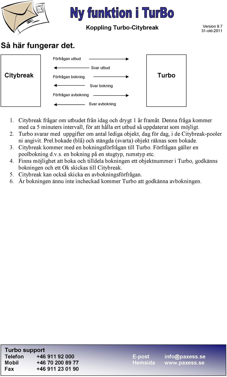 Prel.bokade (blå) och stängda (svarta) objekt räknas som bokade. 3. Citybreak kommer med en bokningsförfrågan till Turbo. Förfrågan gäller en poolbokning d.v.s. en bokning på en stugtyp, rumstyp etc.