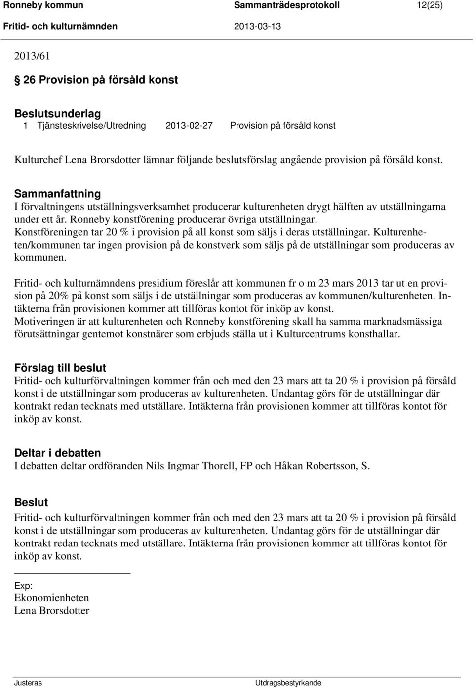 Ronneby konstförening producerar övriga utställningar. Konstföreningen tar 20 % i provision på all konst som säljs i deras utställningar.