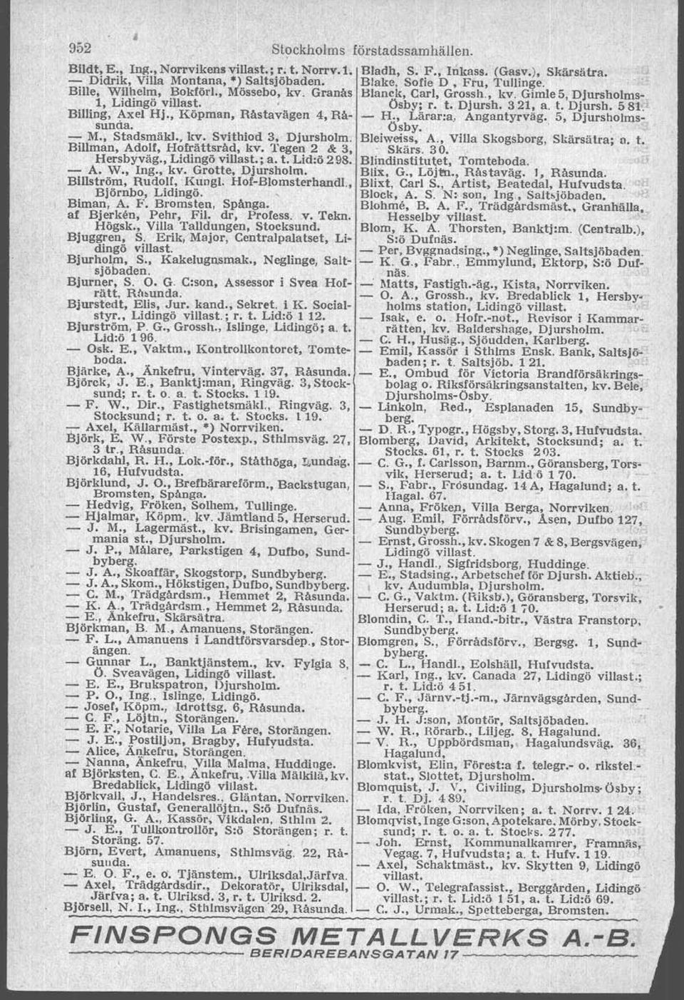 Angantyrväg 5, Djursholms sunda, Ösby' M, Stadsmäkl, kv Svithlod 3, B1eiweiss, A, Villa Skogsborg, Skärsätra; n t Billman, Adolf, Hofrättsråd, kv Tegen 2 & 3, Skärs 3 O Hersbyväg, Lidingö villastj a